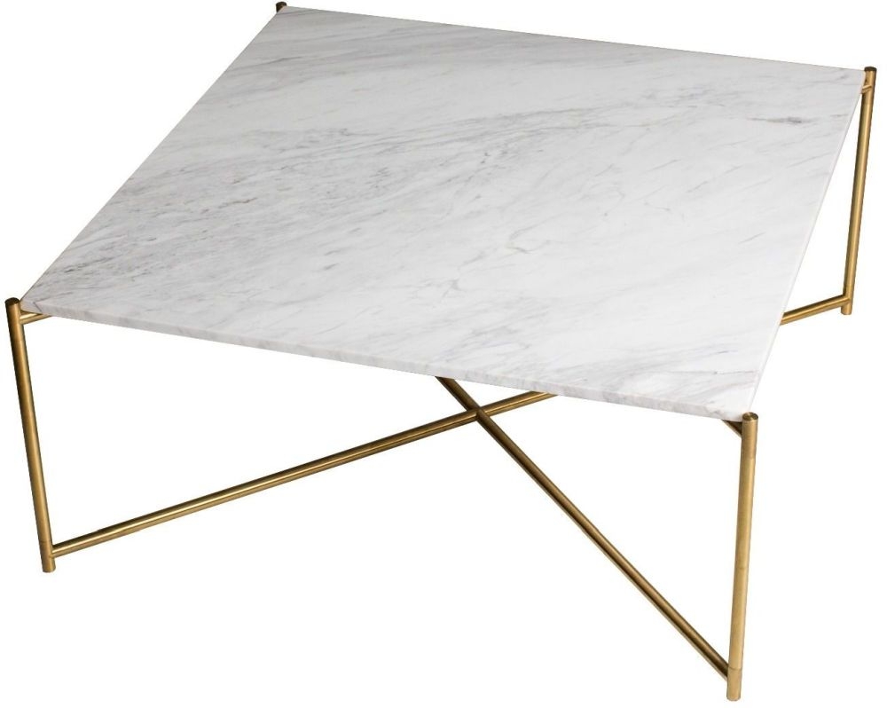 Gillmore Space Iris White Marble Top Square Coffee Table With Brass Frame
