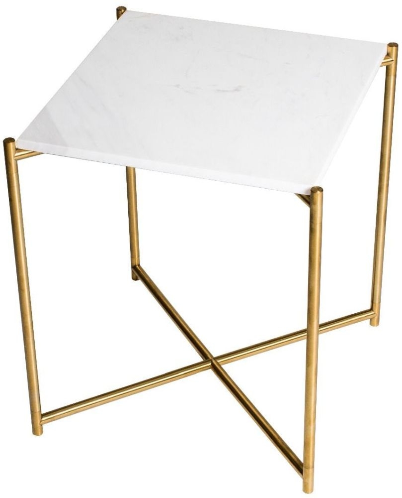 Gillmore Space Iris White Marble Top Square Side Table With Brass Frame