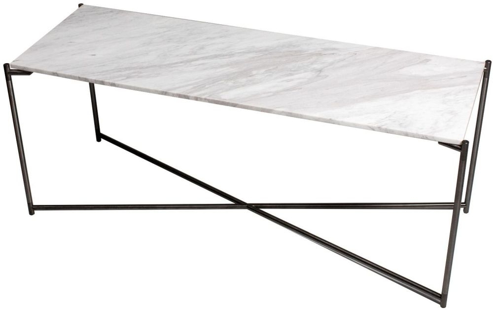 Gillmore Space Iris White Marble Top Large Low Console Table With Gun Metal Frame