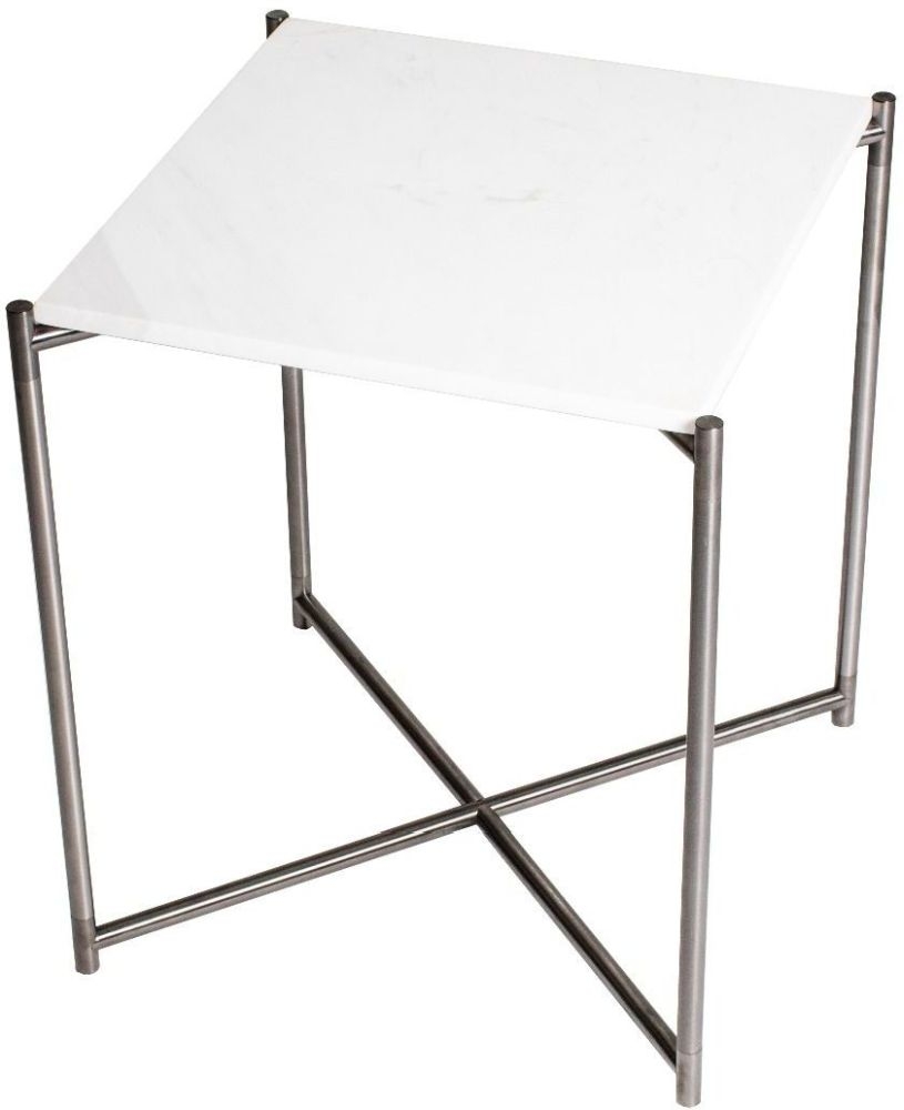 Gillmore Space Iris White Marble Top Square Side Table With Gun Metal Frame
