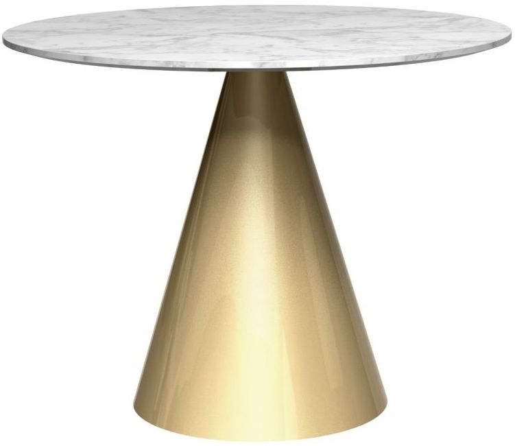 Gillmore Space Oscar White Marble 80cm Small Round Dining Table With Brass Brushed Conical Base