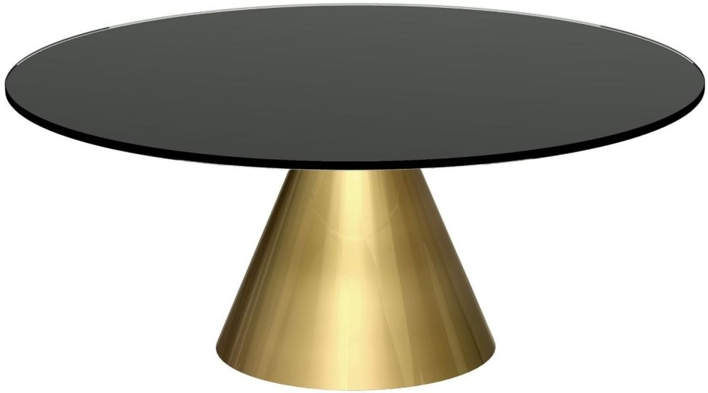 Gillmore Space Oscar Black Glass Small Round Coffee Table With Brass Conical Base