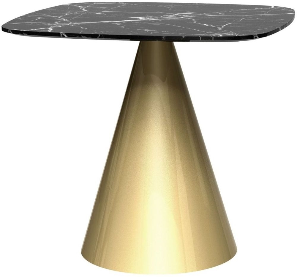 Gillmore Space Oscar Black Marble 80cm Small Square Dining Table With Brass Conical Base