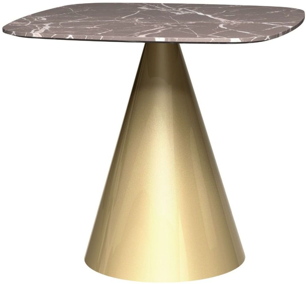 Gillmore Space Oscar Brown Marble 80cm Small Square Dining Table With Brass Conical Base