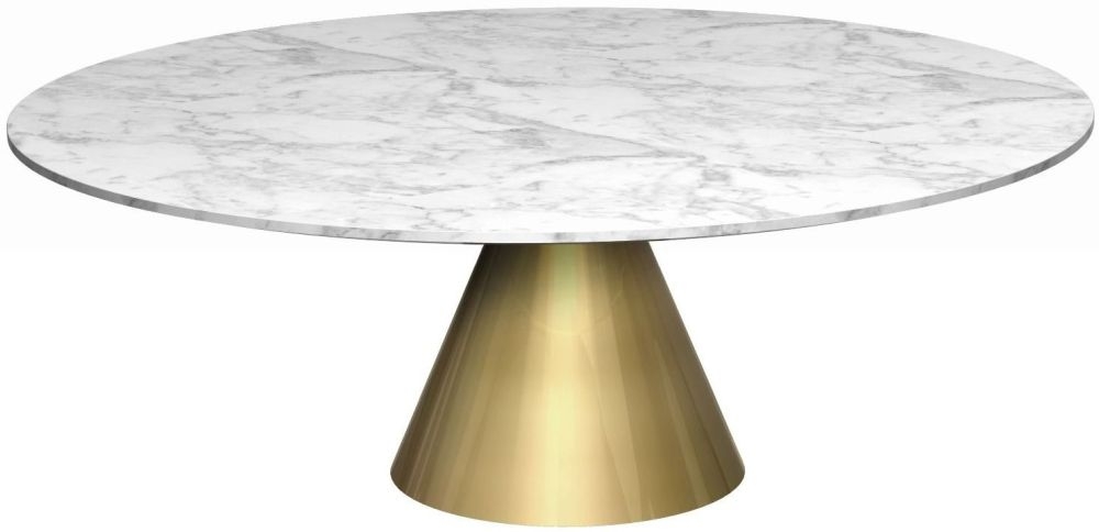 Gillmore Space Oscar White Marble Large Round Coffee Table With Brass Conical Base