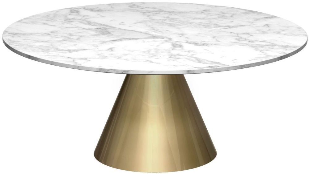 Gillmore Space Oscar White Marble Small Round Coffee Table With Brass Conical Base