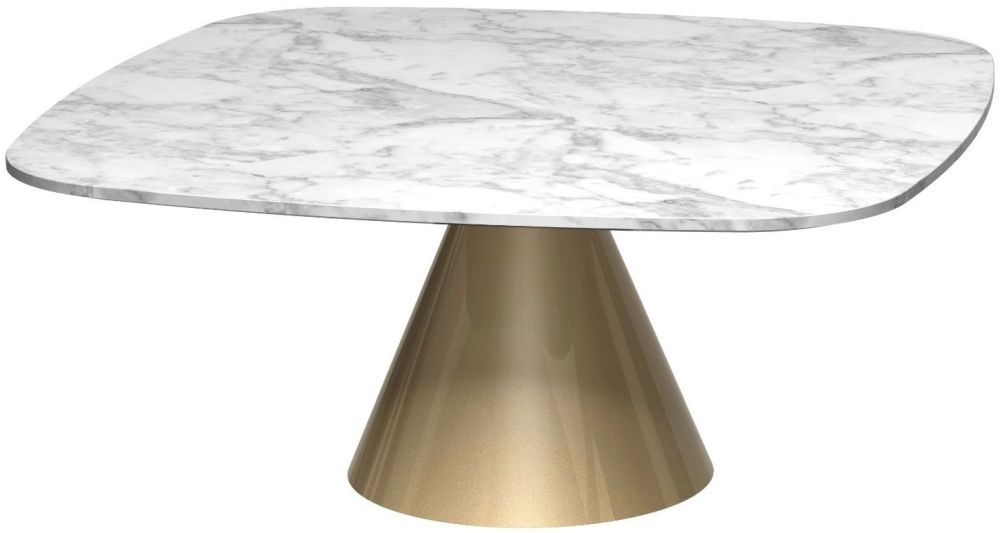 Gillmore Space Oscar White Marble Small Square Coffee Table With Brass Conical Base