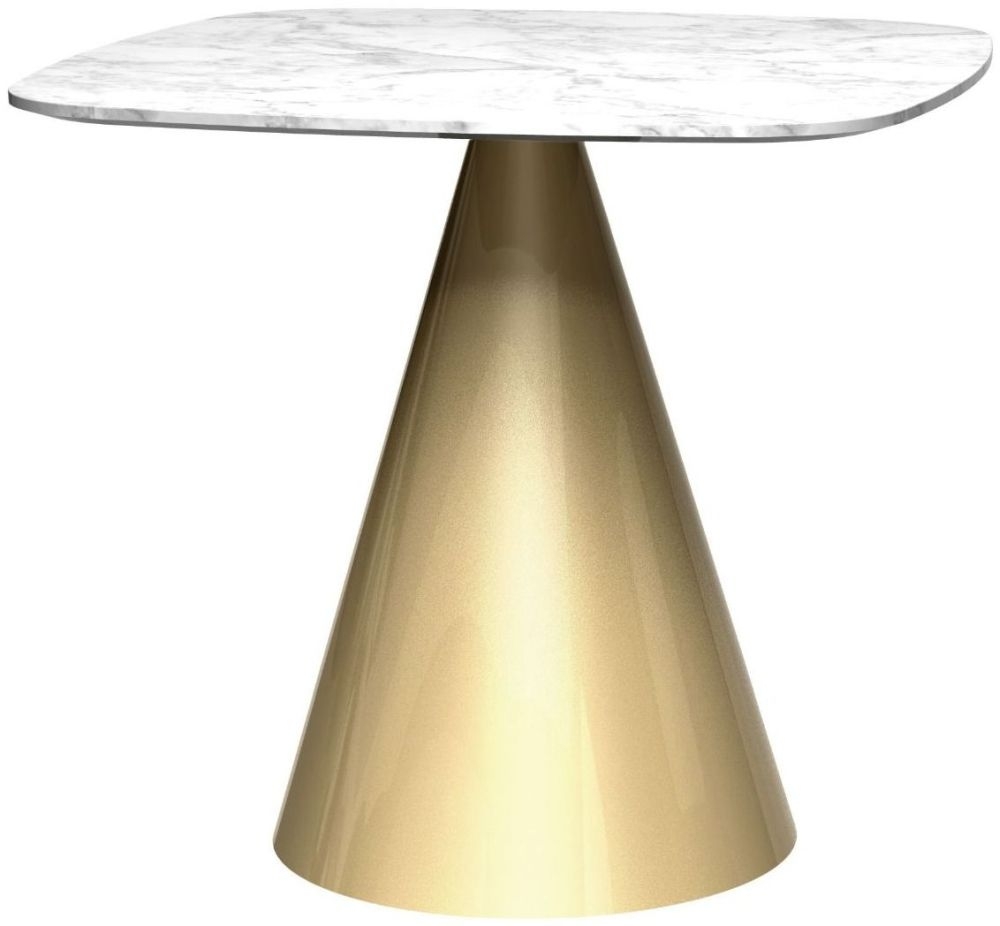 Gillmore Space Oscar White Marble 80cm Small Square Dining Table With Brass Conical Base