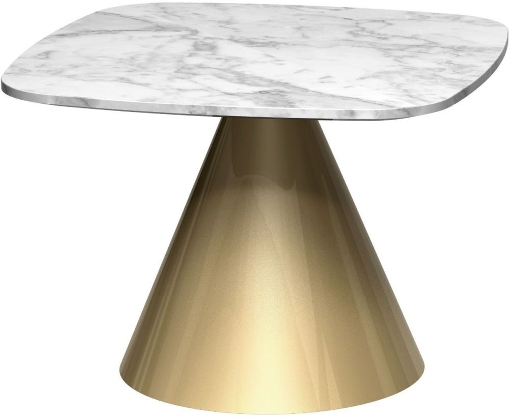 Gillmore Space Oscar White Marble Small Square Side Table With Brass Conical Base