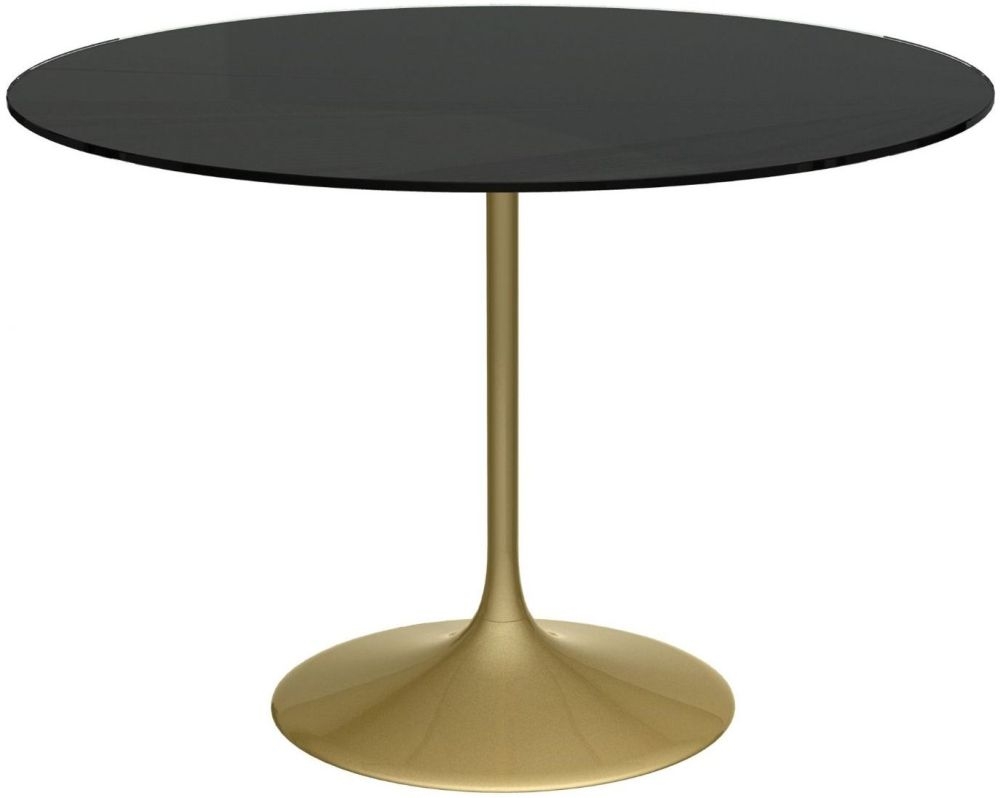 Gillmore Space Swan Black Glass Top 110cm Round Large Dining Table With Brass Base