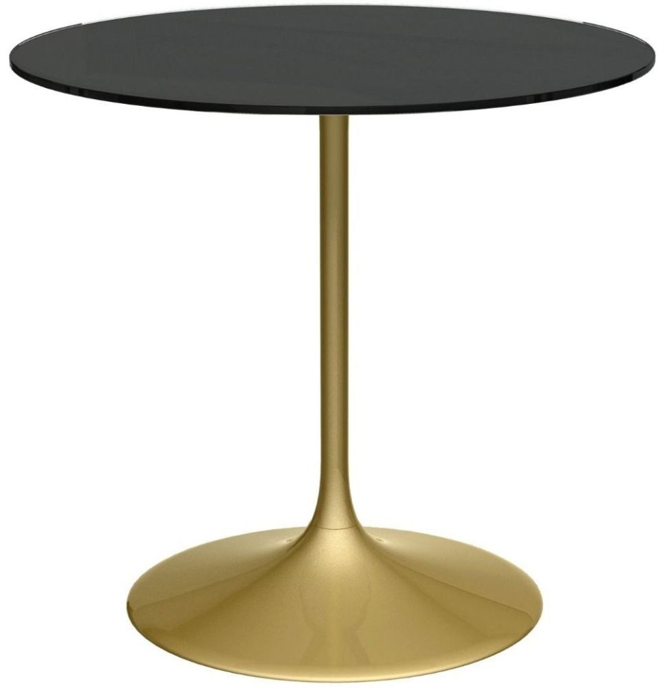 Gillmore Space Swan Black Glass Top 80cm Round Small Dining Table With Brass Base