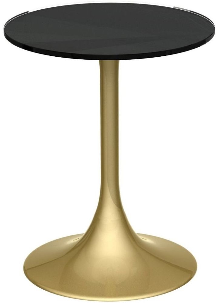 Gillmore Space Swan Black Glass Top Round Side Table With Brass Base