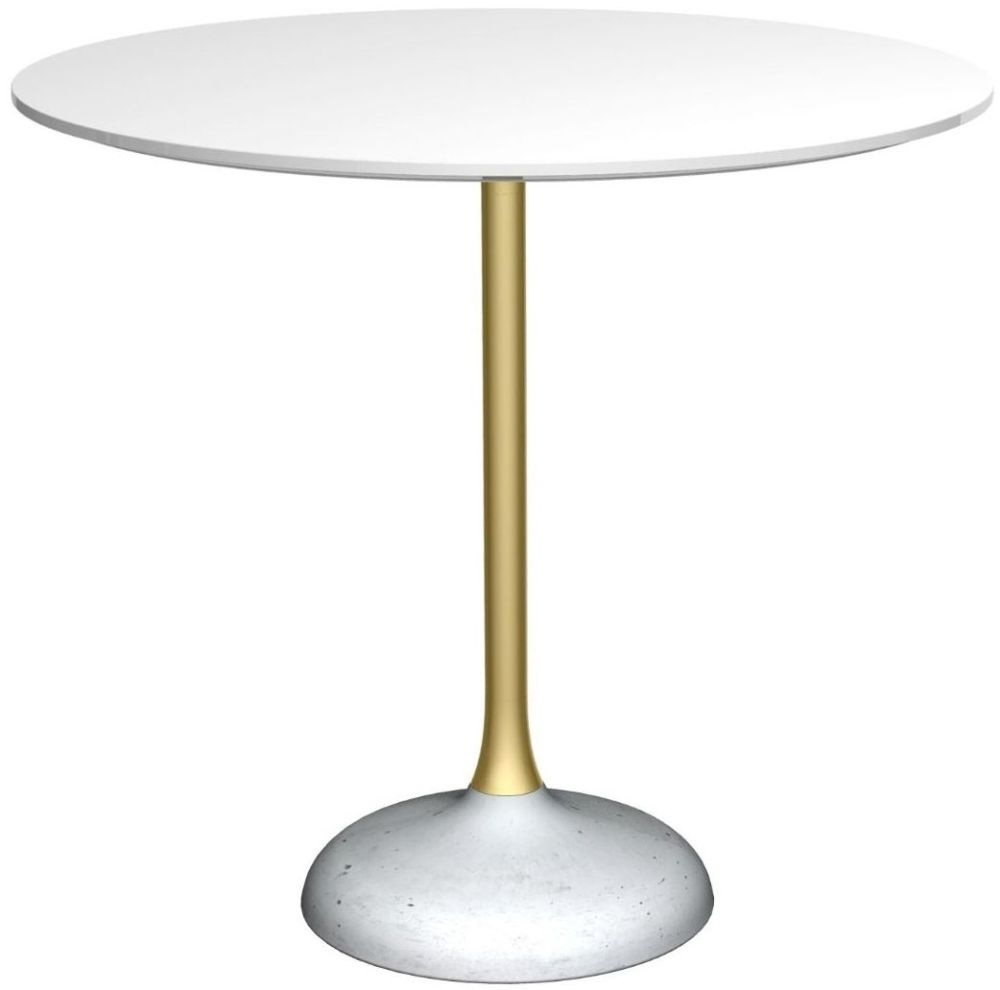 Gillmore Space Swan White Gloss Top And Brass Column 80cm Round Dining Table With Concrete Base