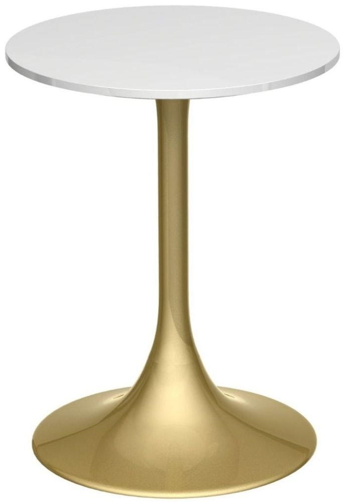 Gillmore Space Swan White Gloss Top And Brass Column Round Side Table With Brass Base