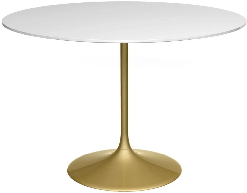 Gillmore Space Swan White Gloss Top 110cm Round Large Dining Table With Brass Base