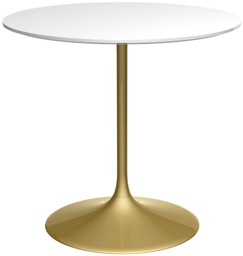 Gillmore Space Swan White Gloss Top 80cm Round Small Dining Table With Brass Base