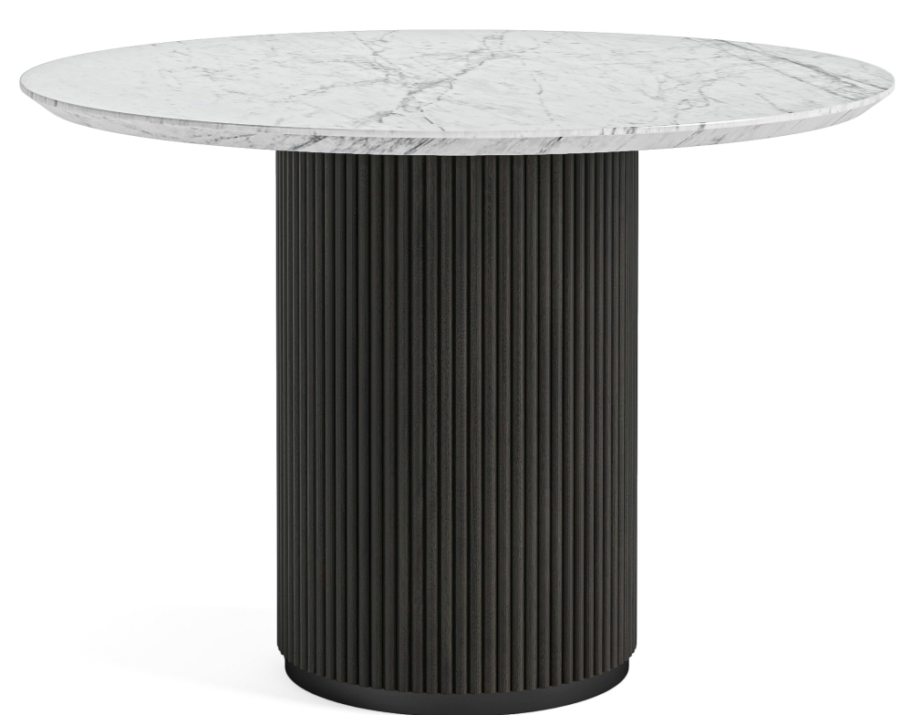 Lucas Black Fluted Wood And Marble Top Round Dining Table 120cm Dia Seats 4 Diners Made Of Mango Wood Ribbed Drum Base And White Marble Top