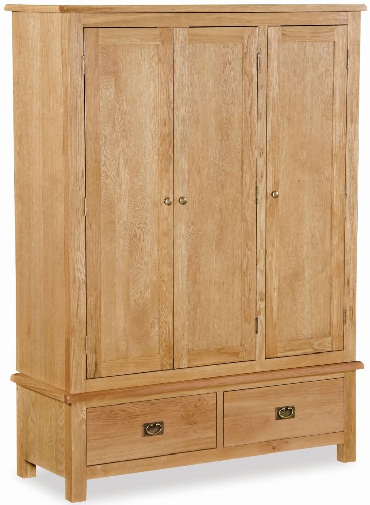 Salisbury Lite Natural Oak Triple Wardrobe With 3 Doors 2 Bottom Drawers