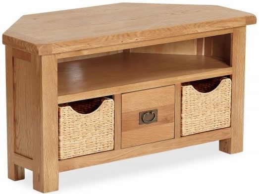 Salisbury Natural Oak Corner Tv Unit With Baskets 105cm With Storage For Television Upto 32in Plasma