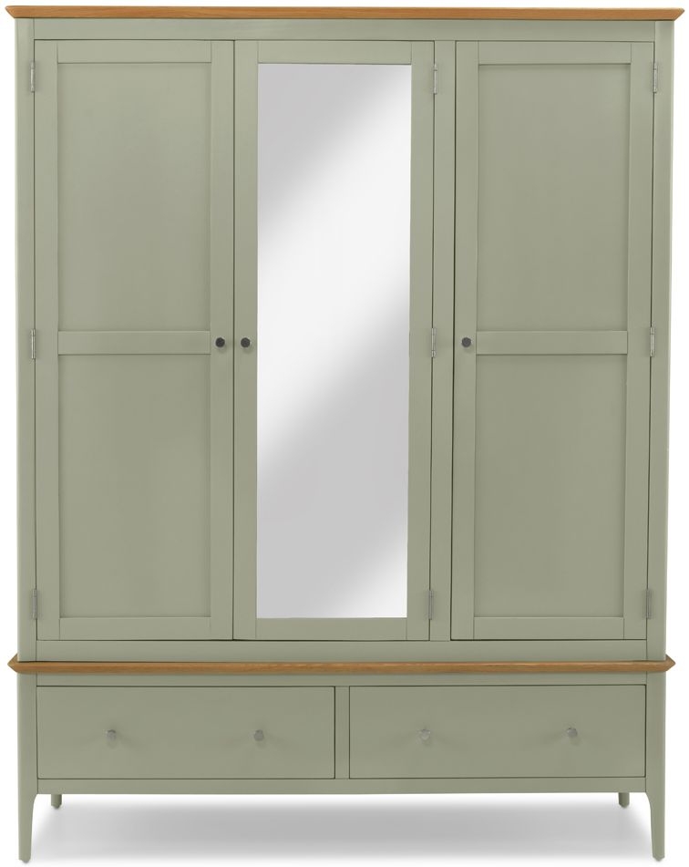 Ancona Sage Green And Oak Top Combi Wardrobe 3 Doors Mirror Front With 2 Bottom Storage Drawers