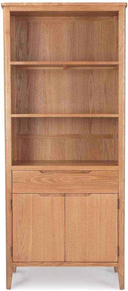 Asby Scandinavian Style Oak Bookcase With Cupboard 185cm Tall With 2 Doors And 1 Storage Drawer