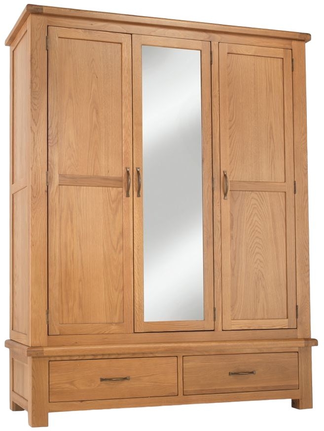 Bradburn Waxed Oak Triple Combi Wardrobe 3 Doors Mirror Front With 2 Bottom Drawers