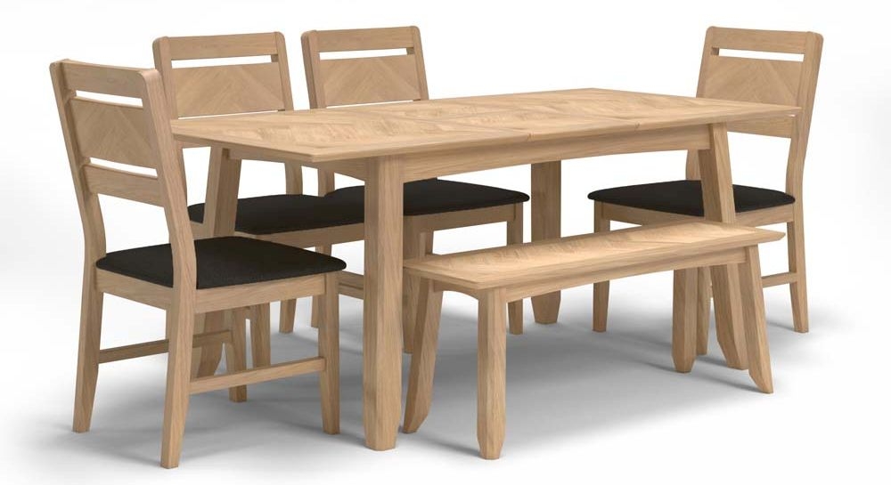 Celina Parquet Style Light Oak Extending Dining Set 140cm To 180cm Rectangular Top Seats 4 To 6 Diners 4 Chairs And Bench