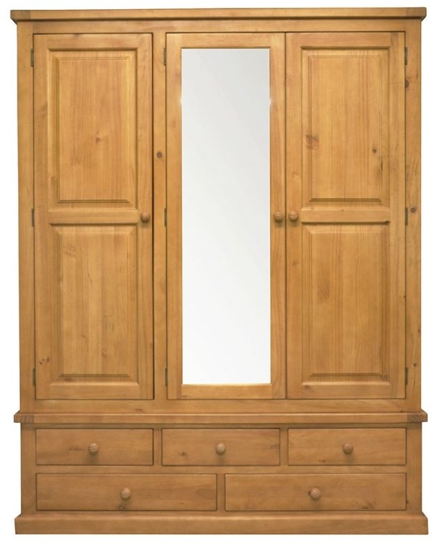 Churchill Waxed Pine Combi Wardrobe 3 Doors Mirror Front With 5 Bottom Storage Drawers