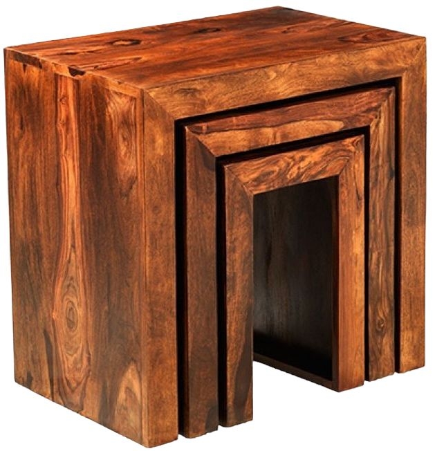 Cube Honey Lacquered Sheesham Nest Of Tables Set Of 3