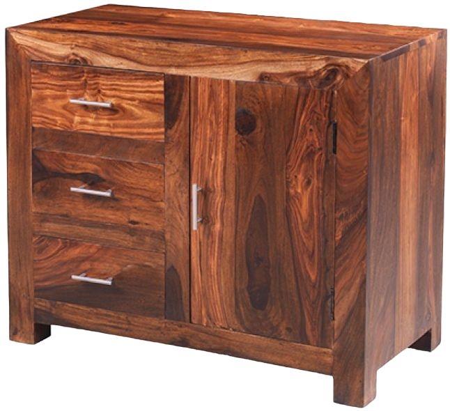 Cube Honey Lacquered Sheesham Compact Sideboard 88cm W With 1 Door And 3 Drawers