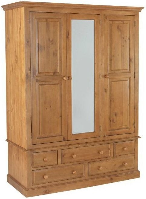 Henbury Lacquered Pine Combi Wardrobe 3 Doors Mirror Front With 5 Drawers