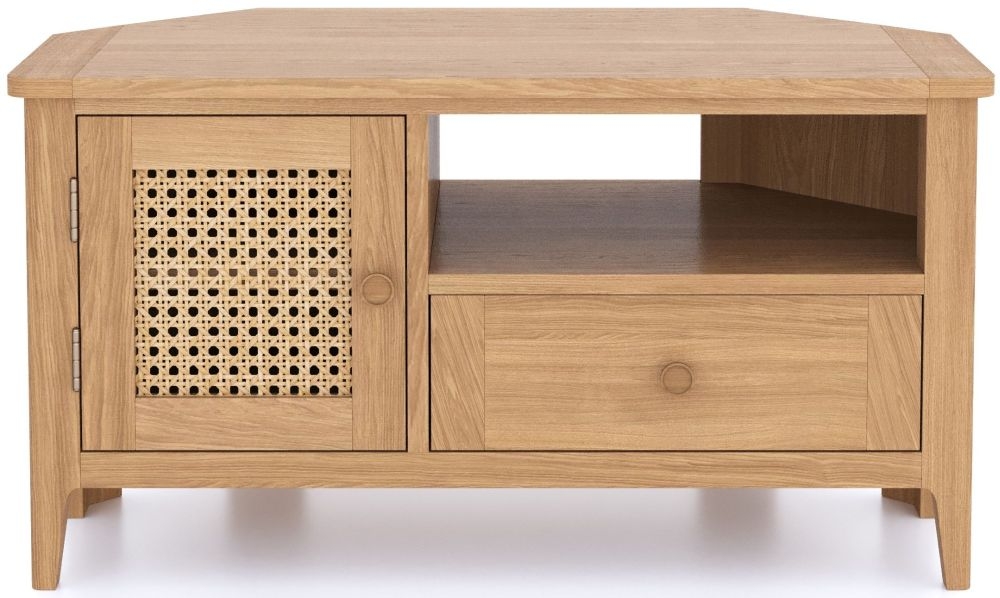 Henley Oak And Rattan Corner Tv Unit 90cm W With Storage For Television Upto 32in Plasma