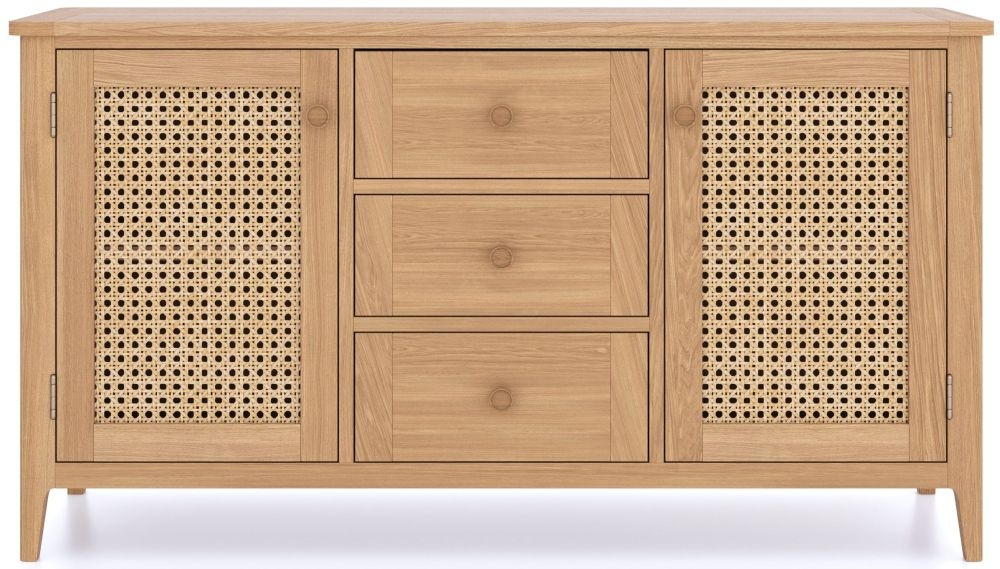 Henley Oak And Rattan Large Sideboard 130cm W With 2 Doors And 3 Drawers