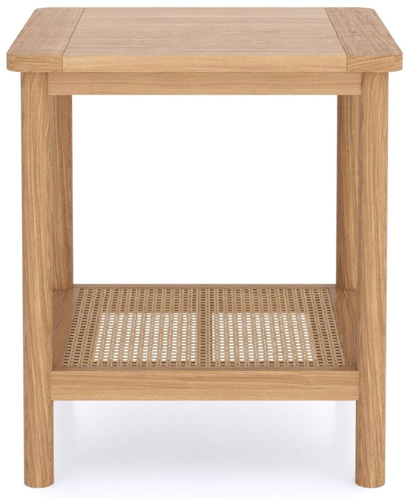 Henley Oak And Rattan Side Table With Bottom Shelf