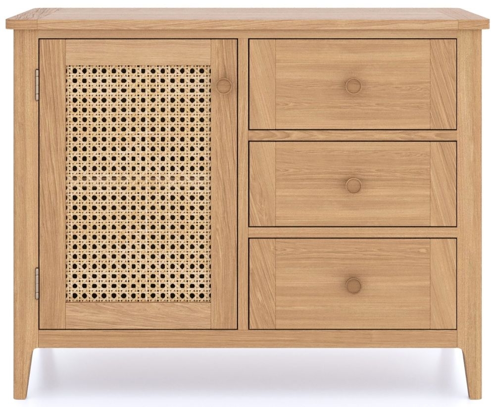 Henley Oak And Rattan Small Sideboard 92cm W With 1 Door And 3 Drawers