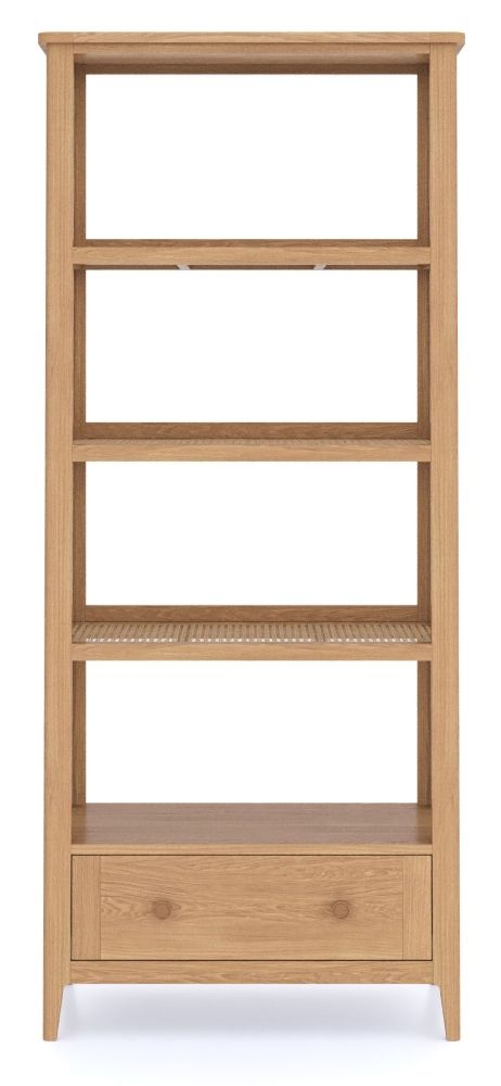 Henley Oak And Rattan Tall Bookcase Shelving Unit 179cm H With 1 Storage Drawer