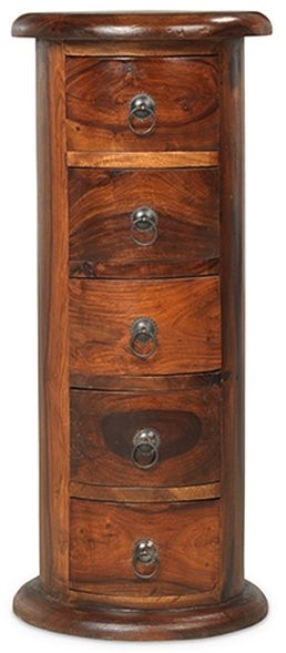 Indian Sheesham Solid Wood Narrow Round Drum Chest 5 Drawers Tallboy