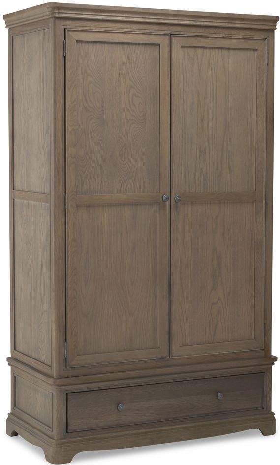 Louis Philippe French Grey Washed Oak Double Wardrobe 2 Doors With 1 Bottom Storage Drawer