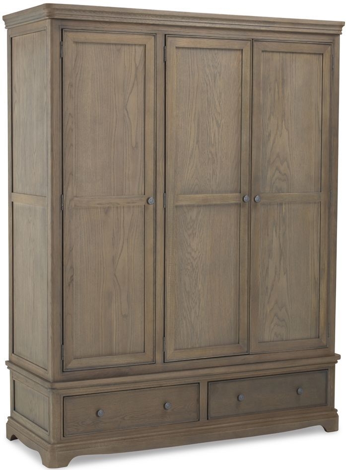 Louis Philippe French Grey Washed Oak Triple Wardrobe 3 Doors With 2 Bottom Storage Drawers