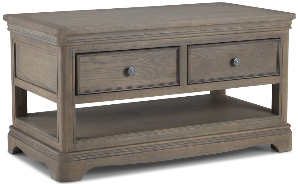 Louis Philippe French Grey Washed Oak Coffee Table With 2 Drawers Storage