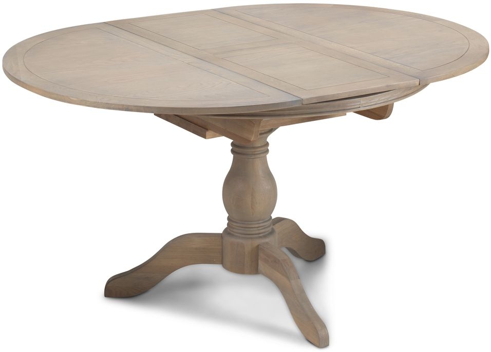 Louis Philippe French Grey Washed Oak Dining Table 110cm150cm Seats 4 To 6 Diners Extending Round Top With Pedestal Base
