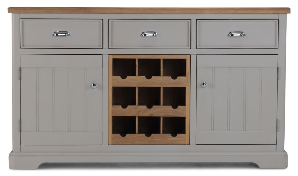 Shallotte Grey And Parquet Oak Top Medium Sideboard With Wine Rack 150cm With 2 Doors And 3 Drawers