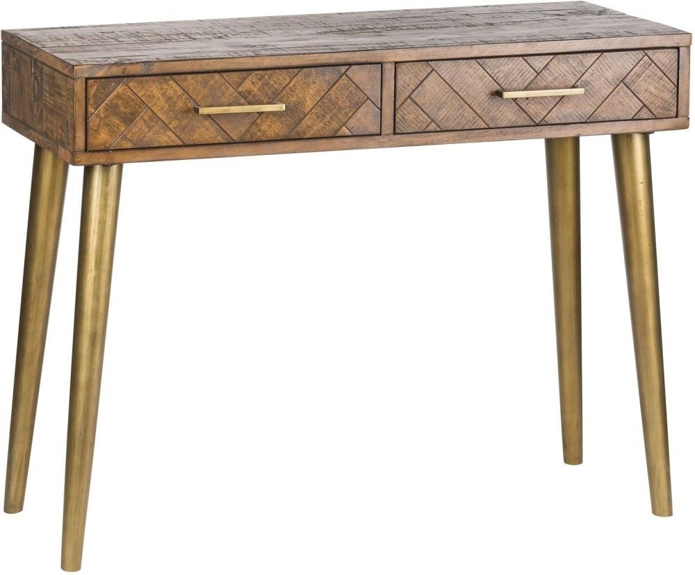 Hill Interiors Havana Console Table Rustic Pine With Antique Gold Metal Legs And Handles