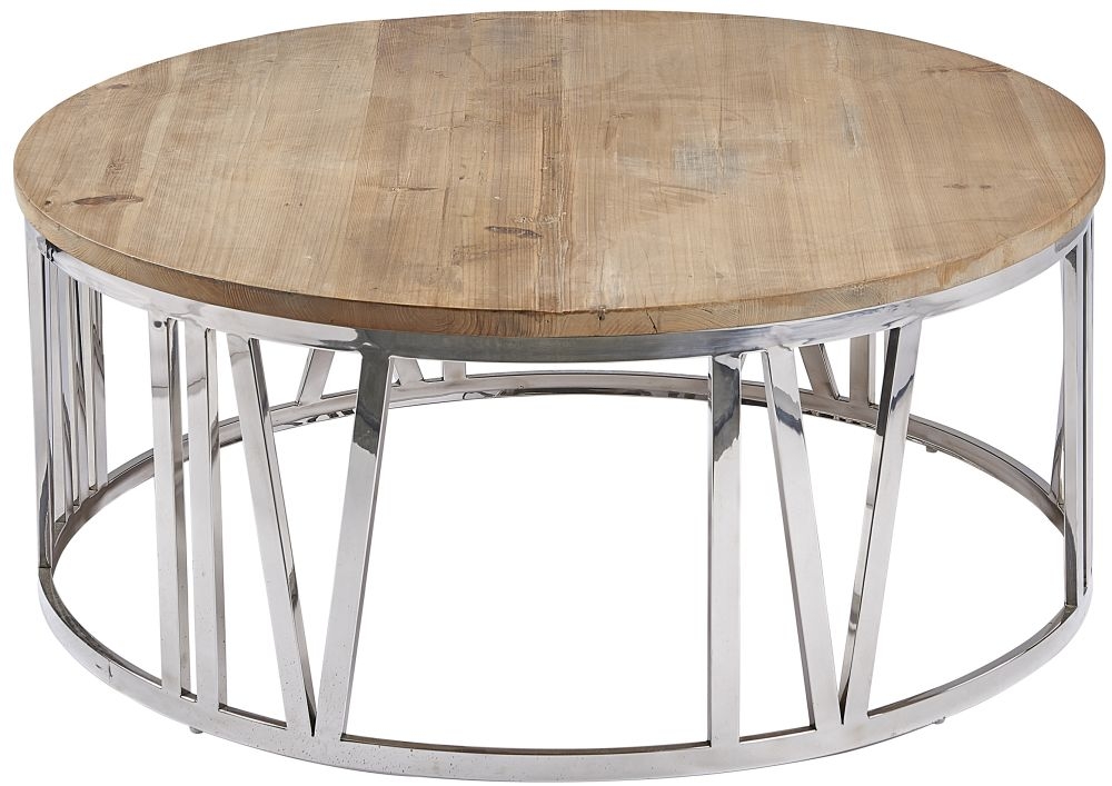 Acepello Old Pine Round Clock Coffee Table With Silver Chrome Metal Frame Georgian Style