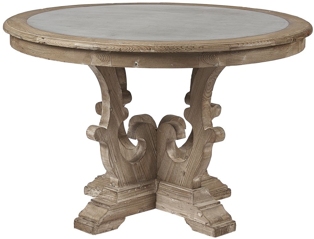 Acepello Old Pine In Grey Lime Finish Round Dining Table With Zinc Top 120cm Dia Seats 4 Diners Georgian Style