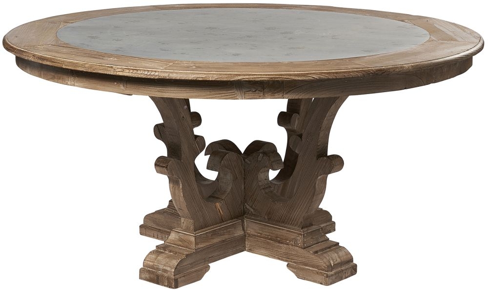 Acepello Old Pine In Grey Lime Finish Round Dining Table With Zinc Top 160cm Dia Seats 8 Diners Georgian Style