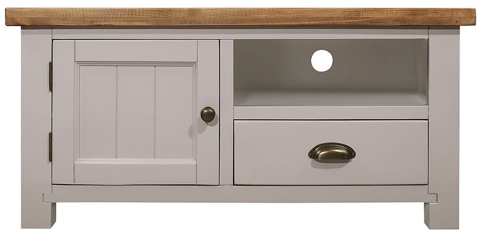 Cotswold Grey Painted Pine Small Tv Unit 105cm W With Storage For Television Upto 32in Plasma