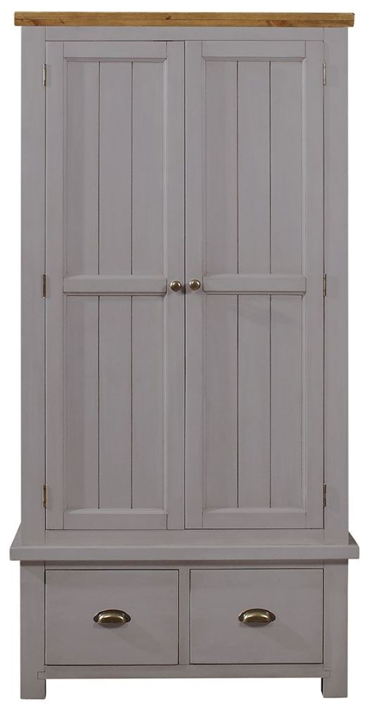 Cotswold Grey Painted Pine Double Wardrobe 2 Doors With 2 Bottom Storage Drawers