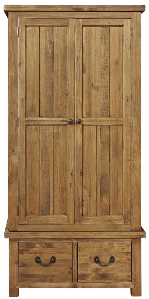 Cotswold Rustic Pine Double Wardrobe 2 Doors With 2 Bottom Storage Drawers