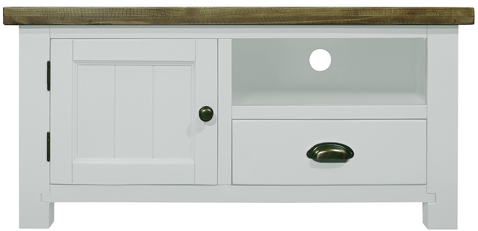 Cotswold White Painted Pine Small Tv Unit 105cm W With Storage For Television Upto 32in Plasma